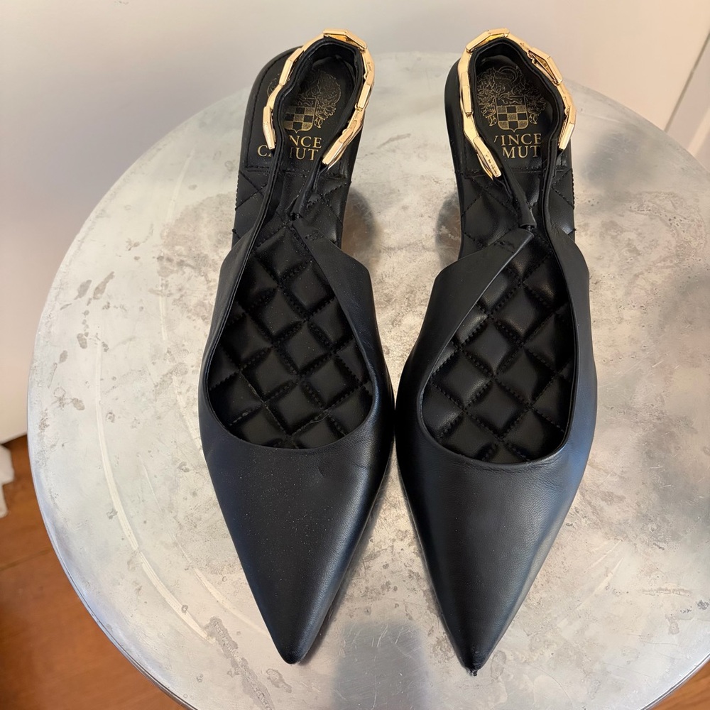 Vince Camuto Black Pointed Toe Slingback Flats with Gold Buckle